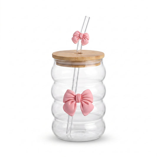 Ribbed Glass Cup with 3D Bow Charm, Bamboo Lid & Glass Straw