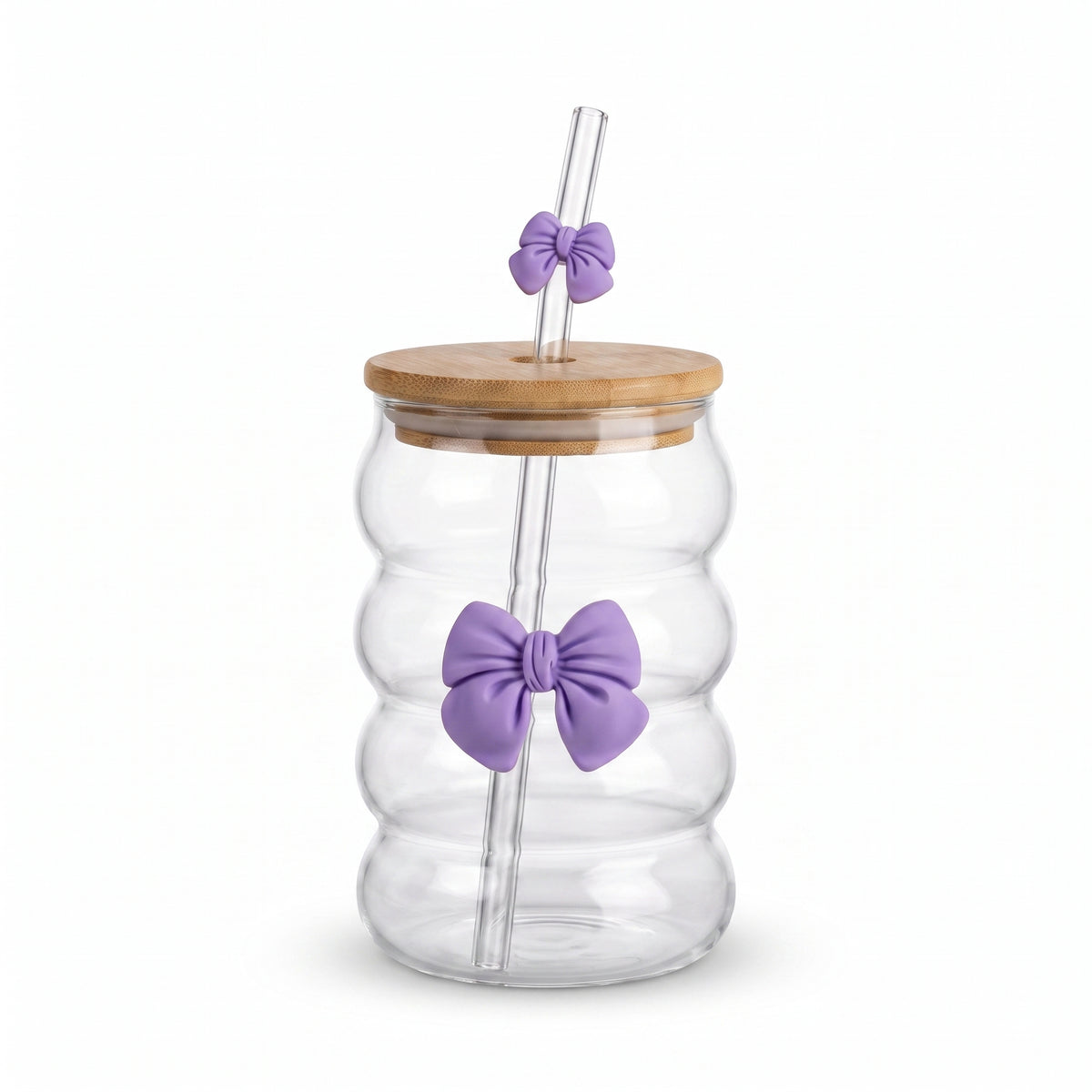 Ribbed Glass Cup with 3D Bow Charm, Bamboo Lid & Glass Straw