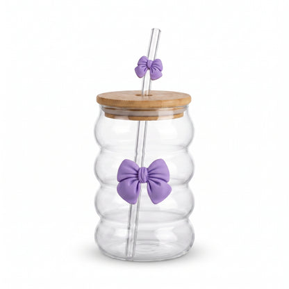 Ribbed Glass Cup with 3D Bow Charm, Bamboo Lid & Glass Straw