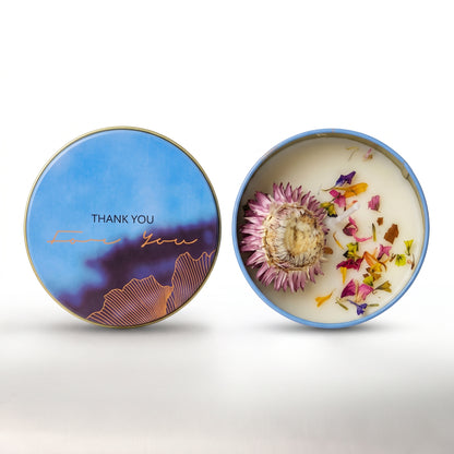 Decorative Printed Tin Candle with Floral Accents