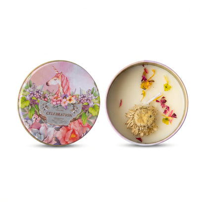 Decorative Printed Tin Candle with Floral Accents