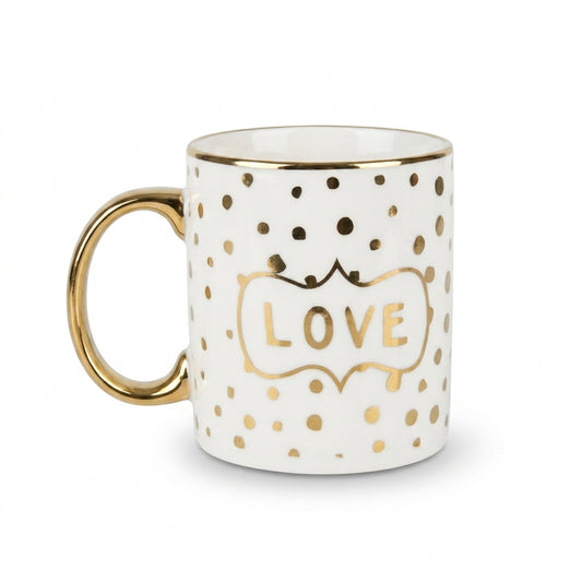 Gold Polka Dot "Love" Mug – Metallic Accent Ceramic
