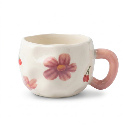 Rounded Ceramic Mug – Painted Pattern with Curved Handle