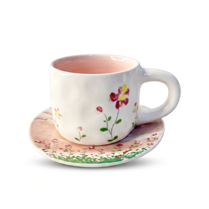 Floral Ceramic Cup and Saucer Set with Chunky Handle