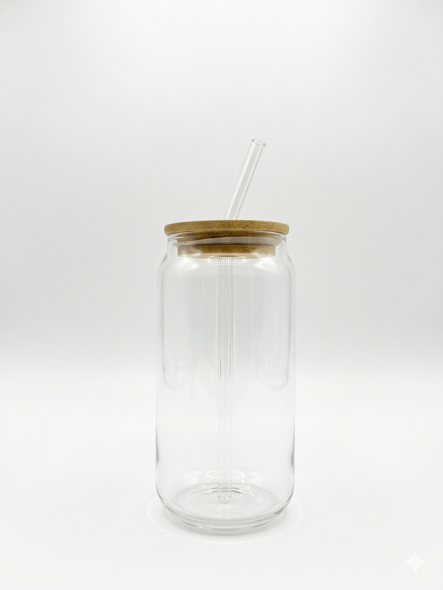 Minimal Clear Glass Can Cup with Bamboo Lid & Straw