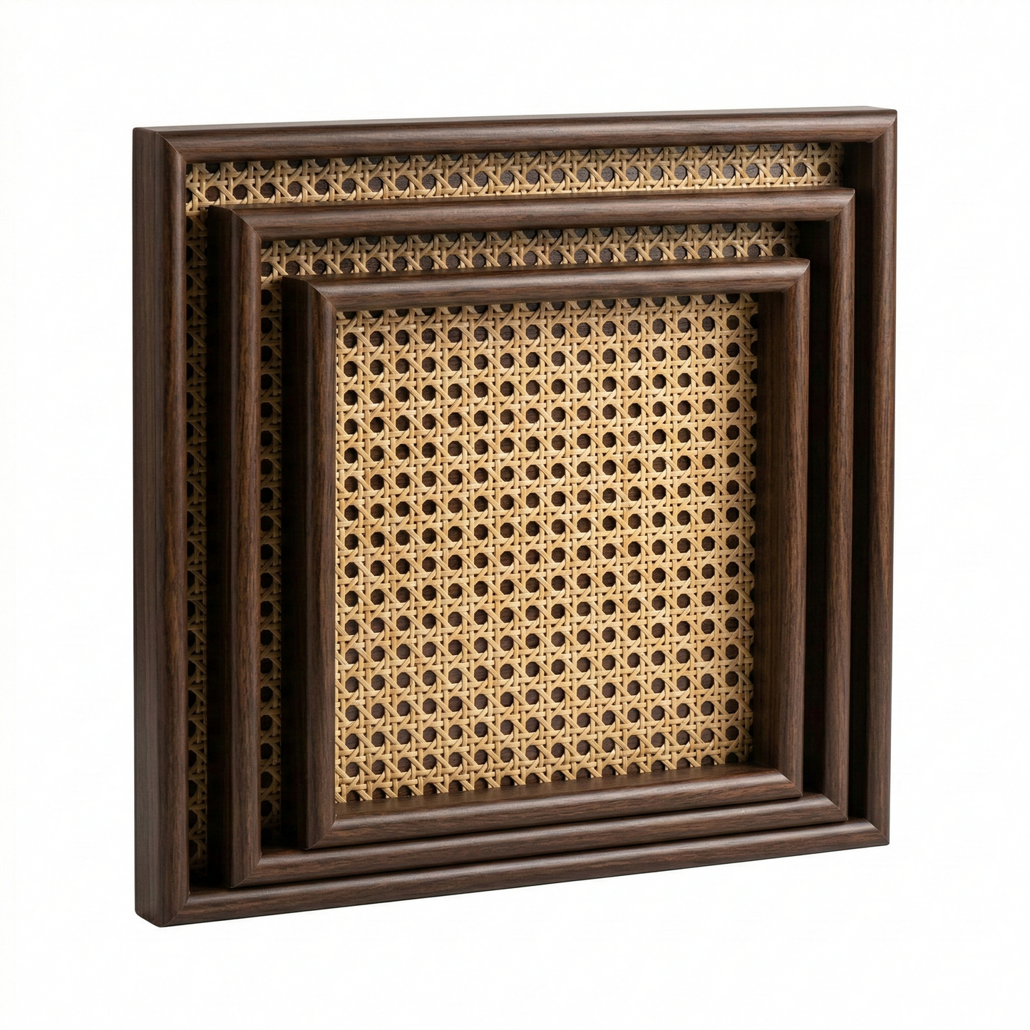 3-Piece Rattan Wooden Serving Tray Set – Rustic Walnut Finish