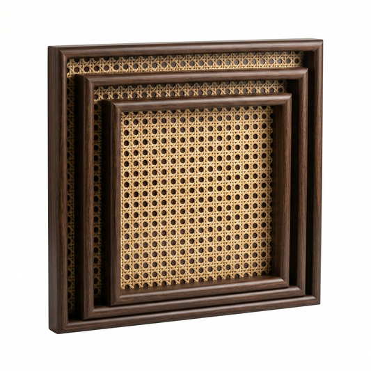 3-Piece Rattan Wooden Serving Tray Set – Rustic Walnut Finish