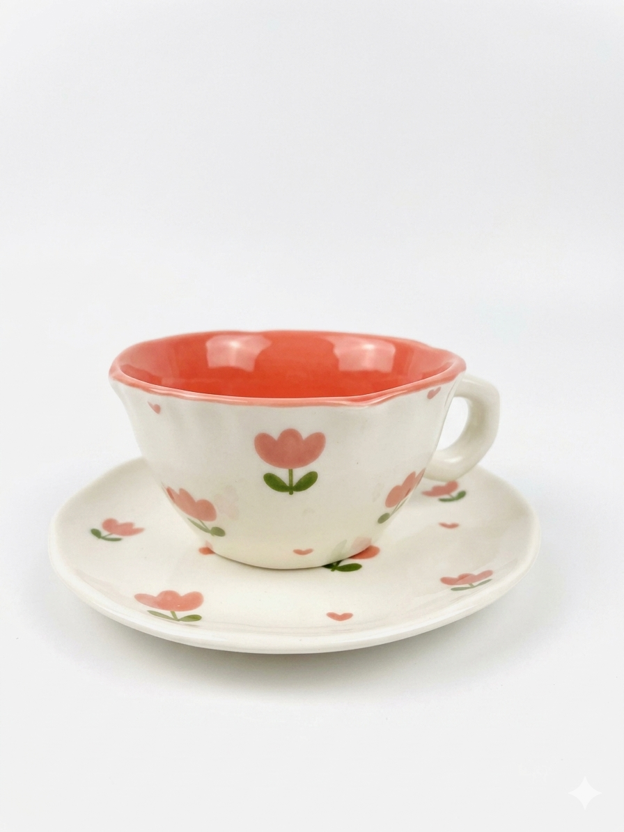 Cute Floral Ceramic Tea Cup & Saucer Set
