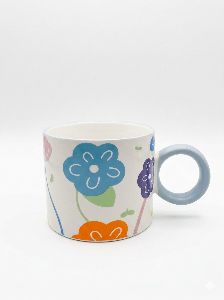 Color Bloom Ceramic Mug with Statement Ring Handle  Description: