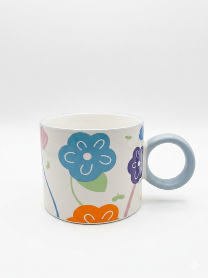 Color Bloom Ceramic Mug with Statement Ring Handle  Description: