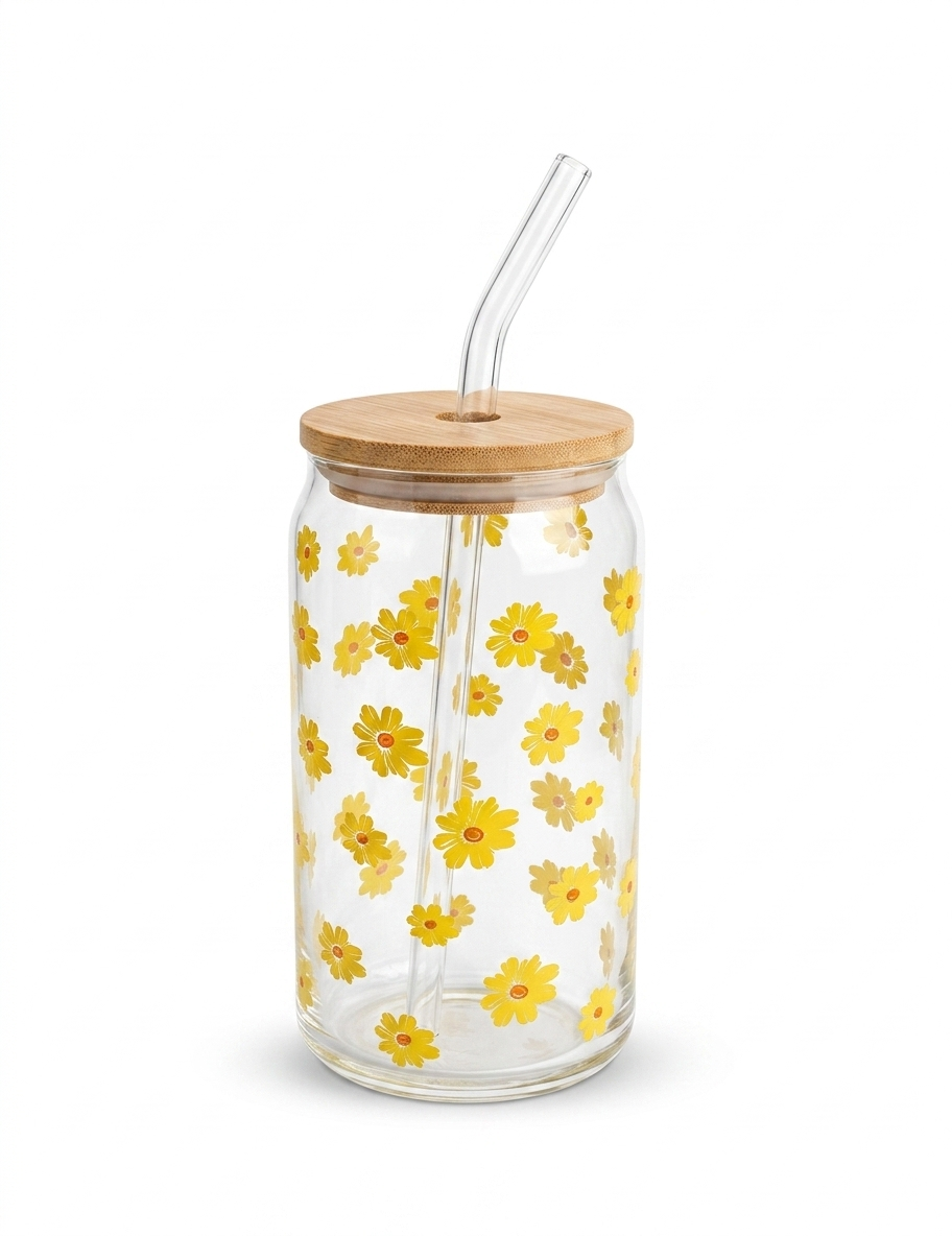 Yellow Daisy Glass Can Cup with Bamboo Lid & Straw