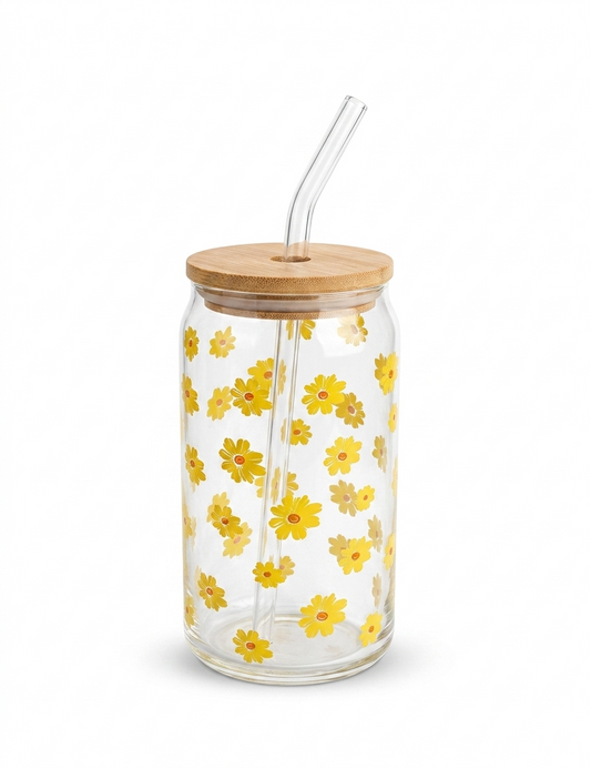 Yellow Daisy Glass Can Cup with Bamboo Lid & Straw