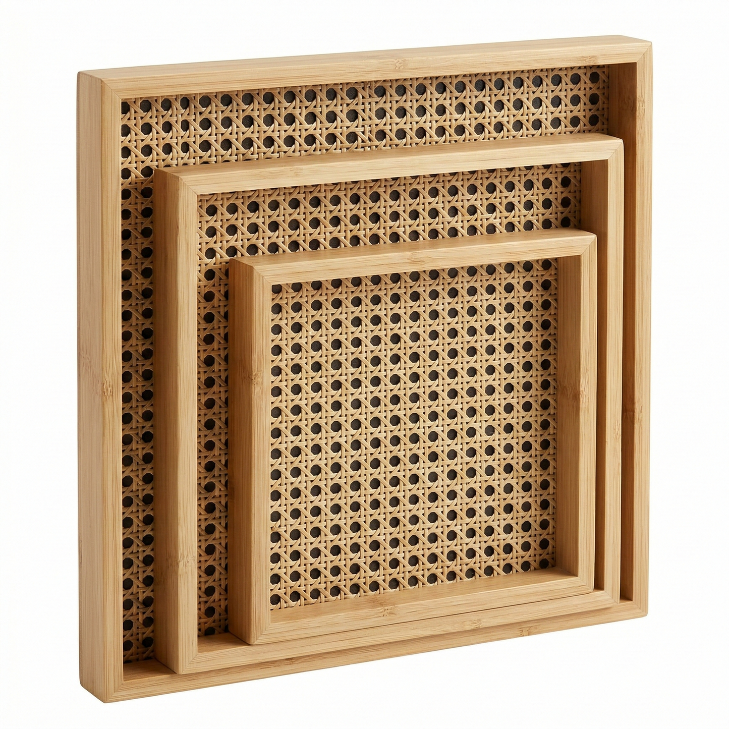 3-Piece Rattan Wooden Serving Tray Set – Rustic Walnut Finish