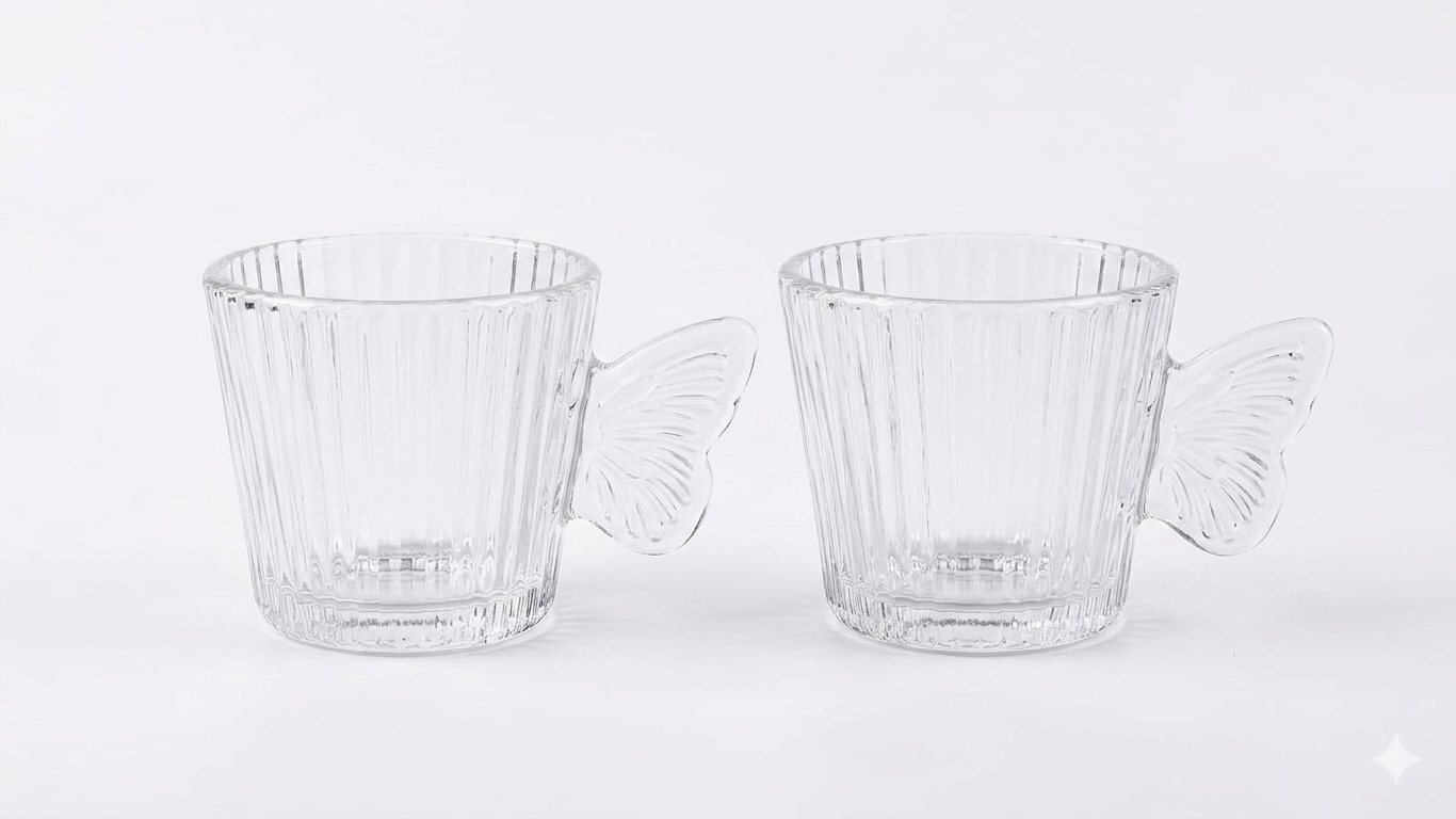 Whimsical Butterfly-Handle Ribbed Glass Mugs
