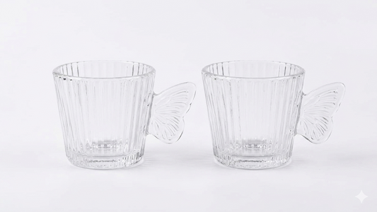 Whimsical Butterfly-Handle Ribbed Glass Mugs