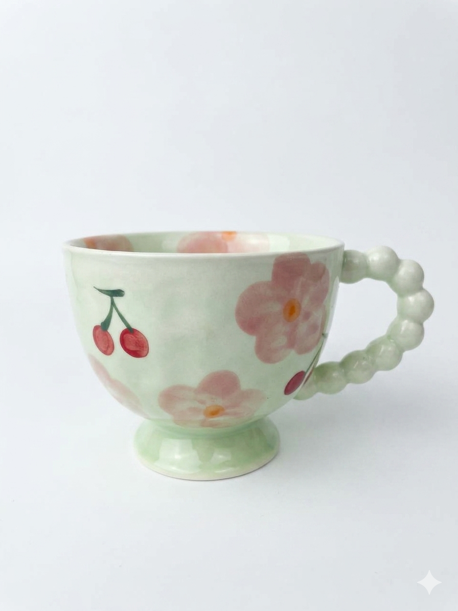 Pastel Blossom Cherry Pedestal Mug with Pearl Handle