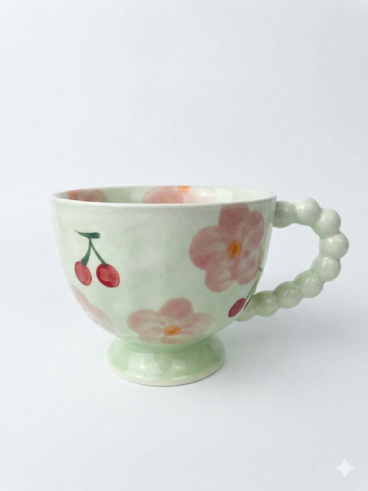 Pastel Blossom Cherry Pedestal Mug with Pearl Handle