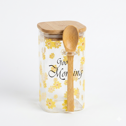 Floral Glass Storage Jar with Bamboo Lid & Spoon
