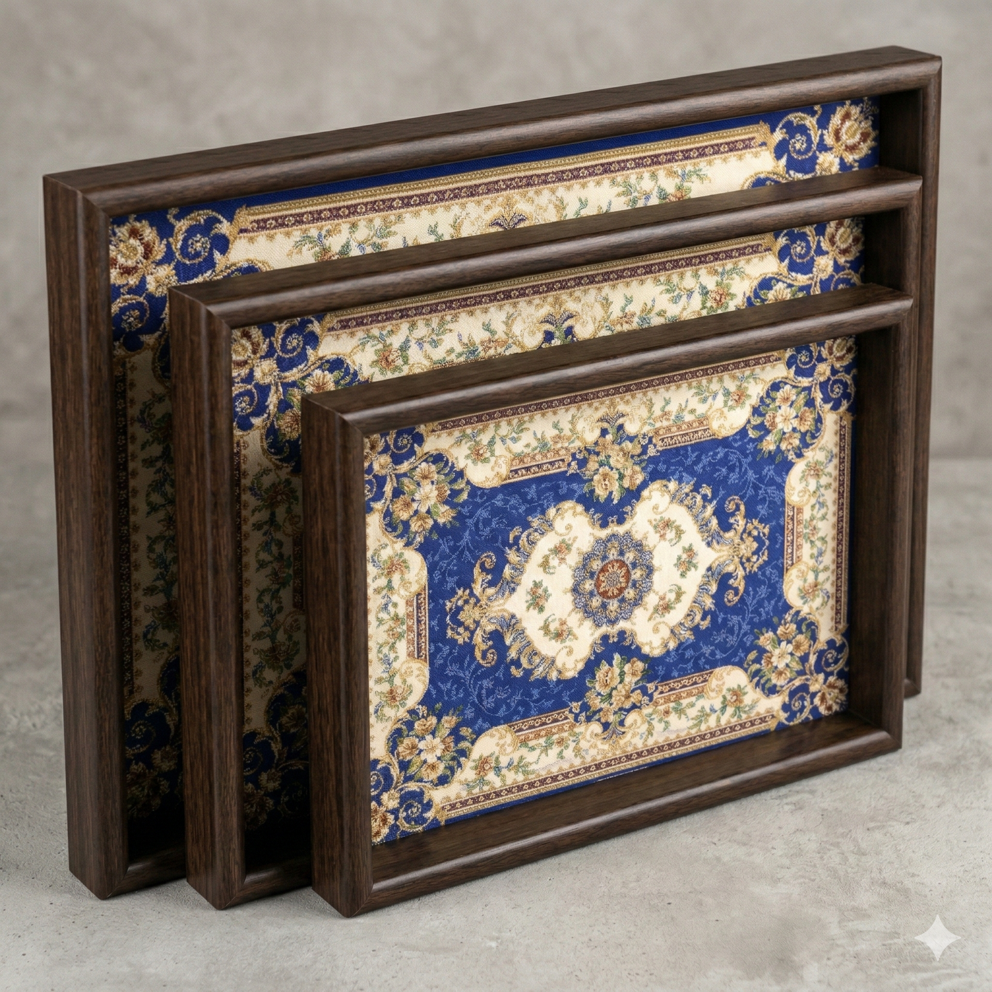 Luxury 3-Piece Wooden Serving Tray Set with Royal Floral Pattern