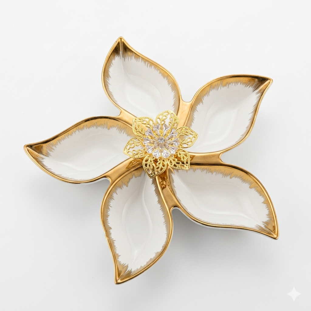 Luxury Gold 5-Piece Floral Serving Tray Set with Crystal Center