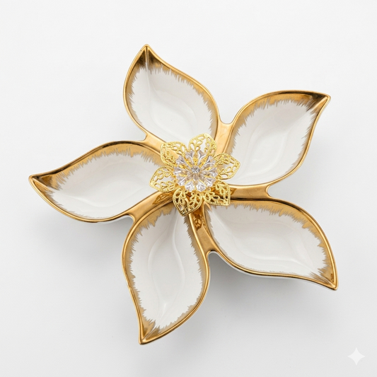 Luxury Gold 5-Piece Floral Serving Tray Set with Crystal Center
