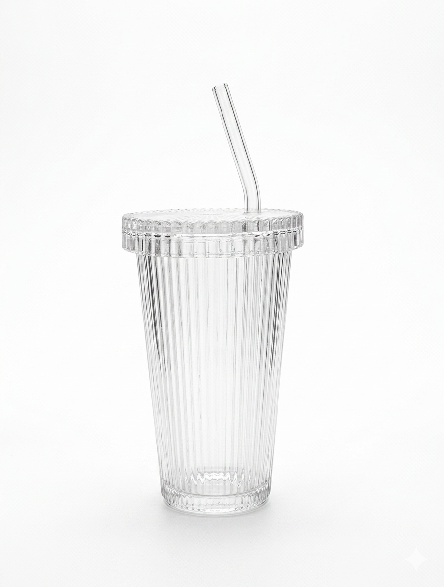 Clear Ribbed Glass Tumbler with Lid & Glass Straw