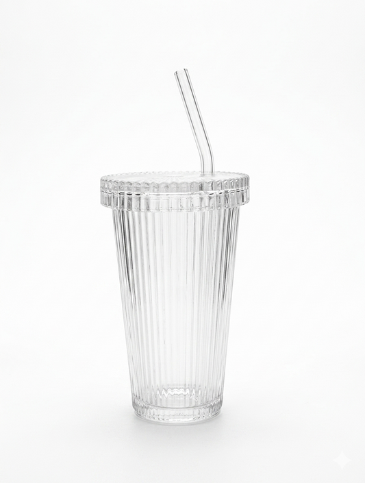 Clear Ribbed Glass Tumbler with Lid & Glass Straw