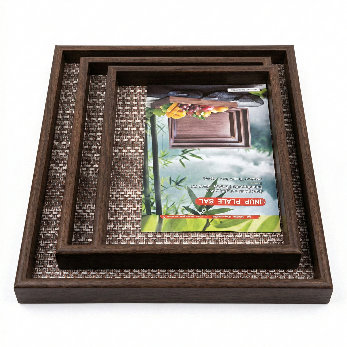 3-Piece Wooden Serving Tray Set with Woven Base – Dark Walnut Finish