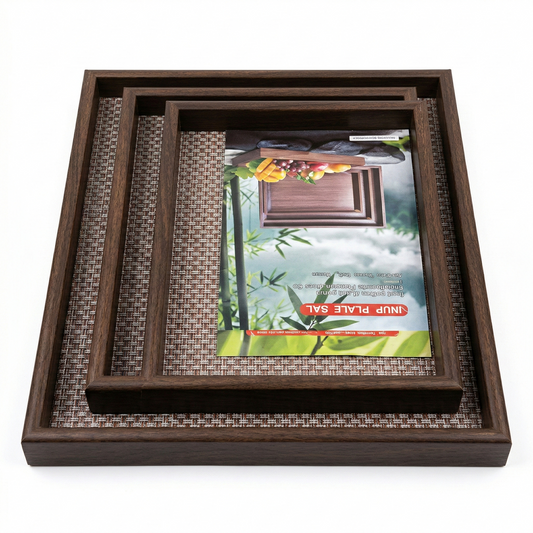 3-Piece Wooden Serving Tray Set with Woven Base – Dark Walnut Finish