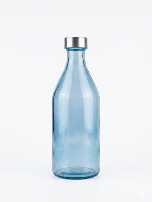 Minimalist Blue Glass Water Bottle with Stainless Steel Lid