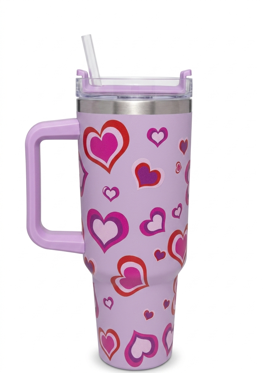 Purple Heart Print Insulated Tumbler with Handle & Straw