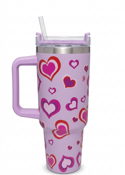 Purple Heart Print Insulated Tumbler with Handle & Straw