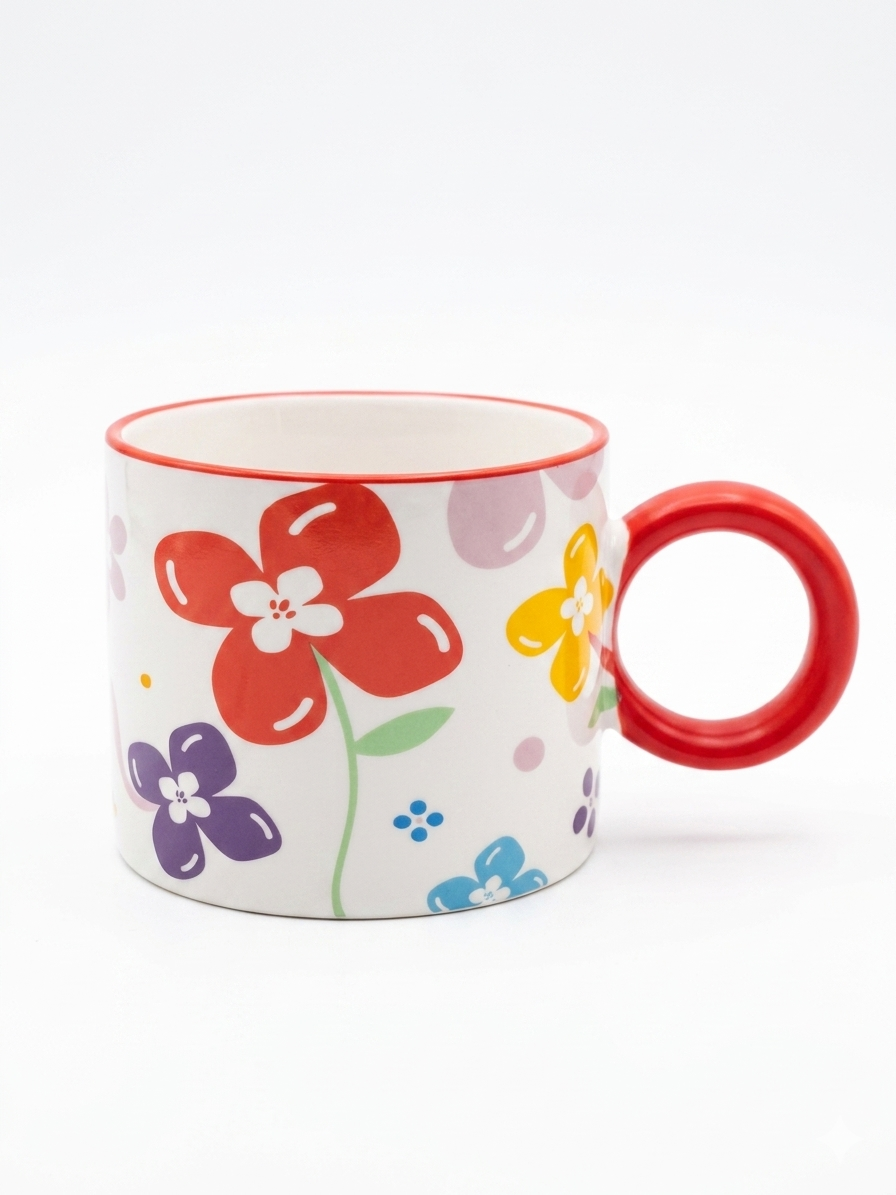 Color Bloom Ceramic Mug with Statement Ring Handle  Description: