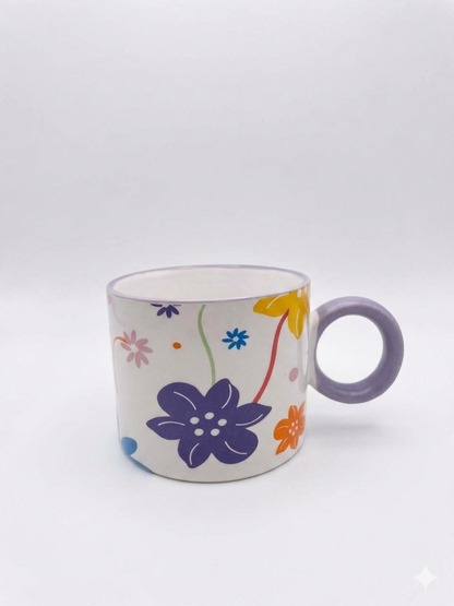 Color Bloom Ceramic Mug with Statement Ring Handle  Description: