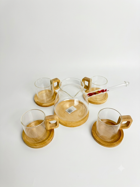 Elegant Glass Tea Set with Bamboo Handles & Coasters