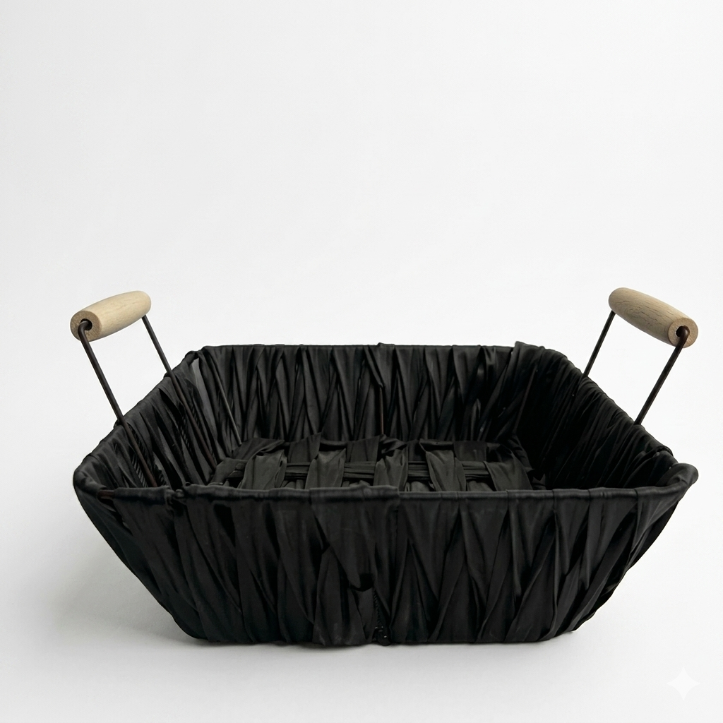 Modern Black Woven Storage Basket with Wooden Handles