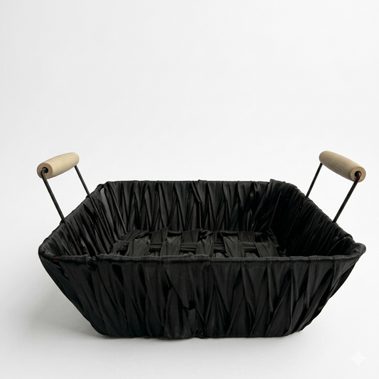 Modern Black Woven Storage Basket with Wooden Handles