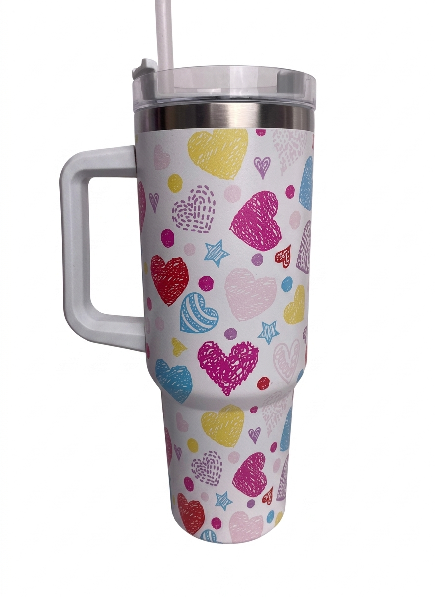 Purple Heart Print Insulated Tumbler with Handle & Straw