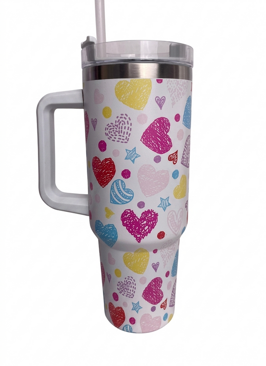 Purple Heart Print Insulated Tumbler with Handle & Straw