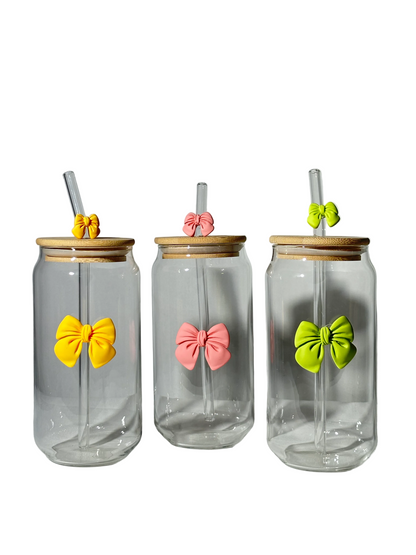 Bow-Accented Glass Can Tumbler with Straw – Single Unit