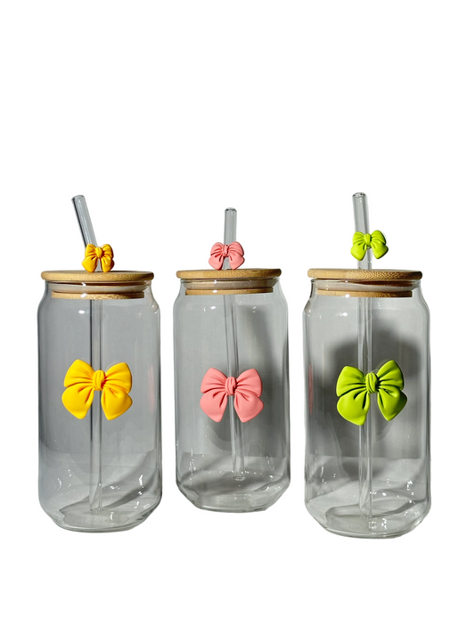 Bow-Accented Glass Can Tumbler with Straw – Single Unit
