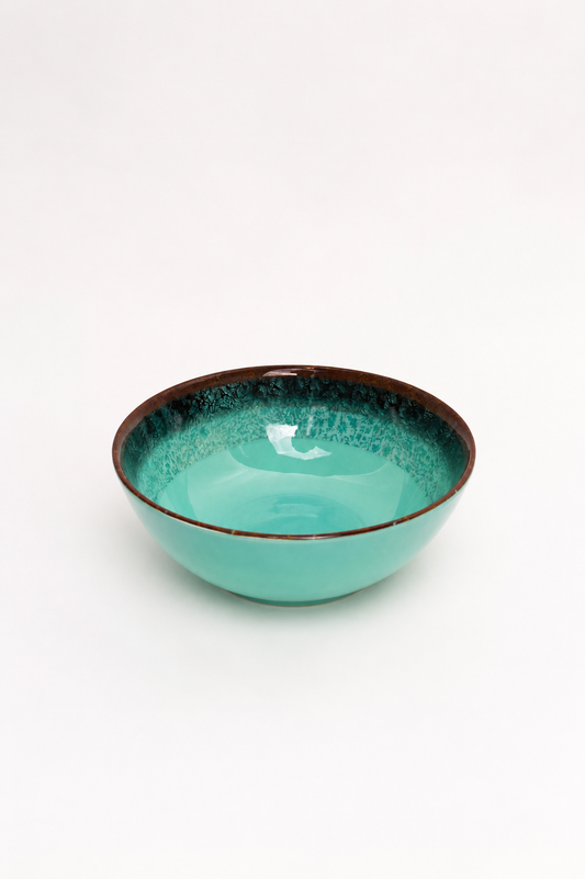 Artisanal Reactive Glaze Ceramic Bowl – Turquoise & Speckled Rim