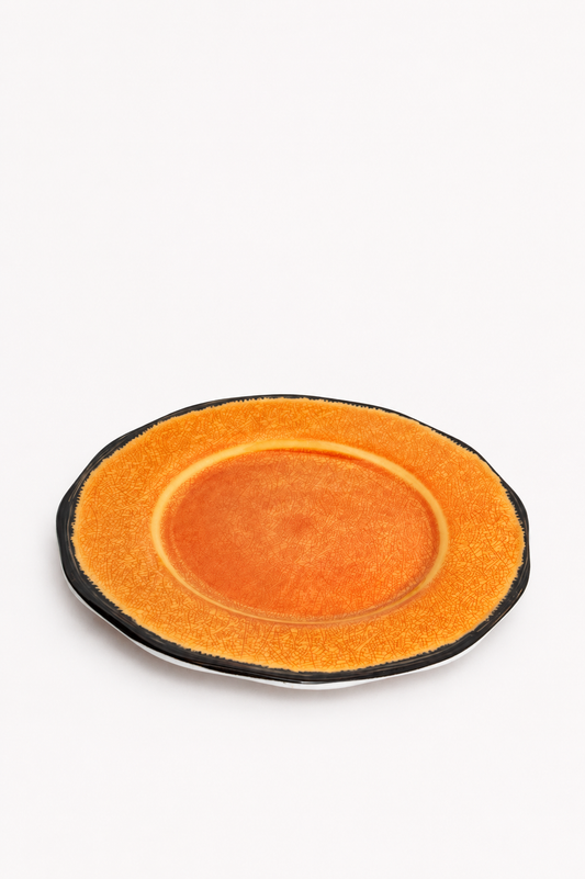 Artisanal Reactive Glaze Ceramic Plate – Vibrant Amber & Textured Edge
