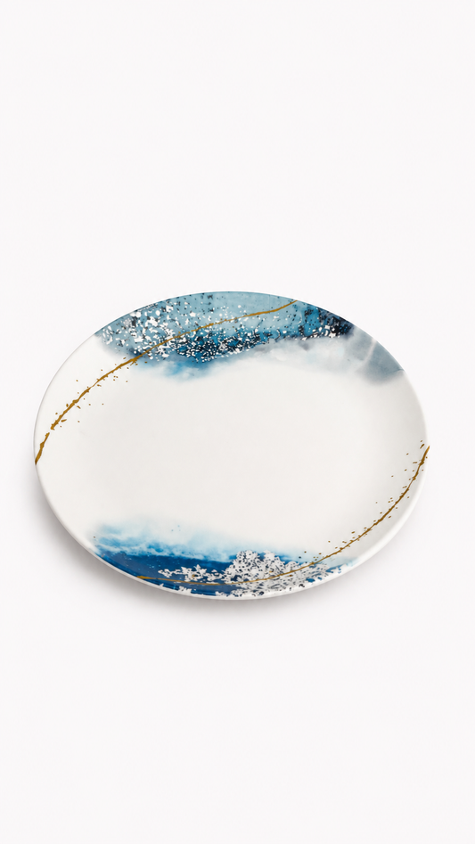 Artisanal Ceramic Plate – Abstract Blue Wash & Gold Accents