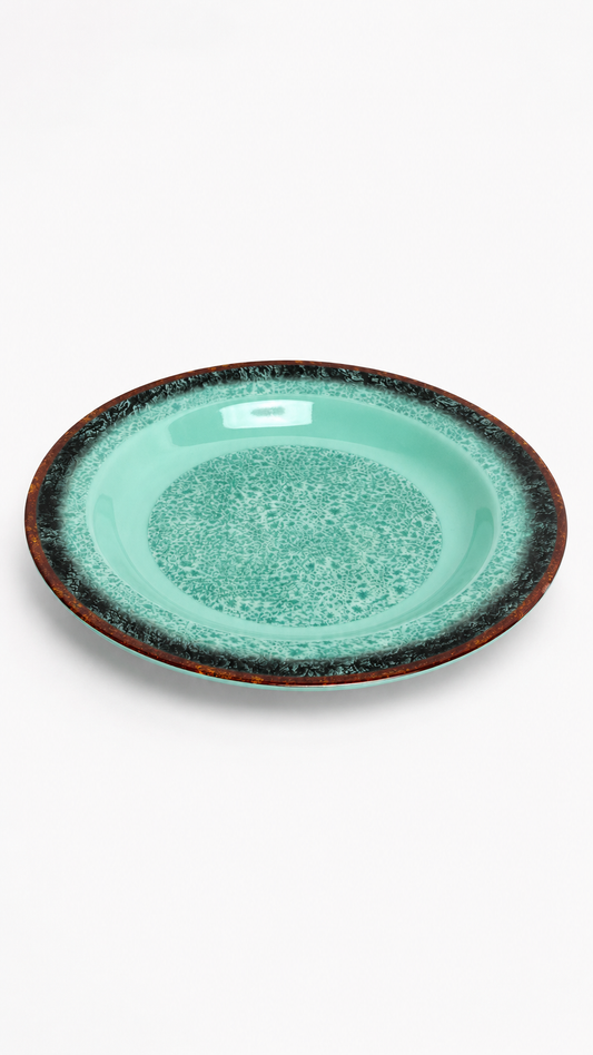 Artisanal Reactive Glaze Ceramic Plate – Turquoise & Charcoal Speckled Rim