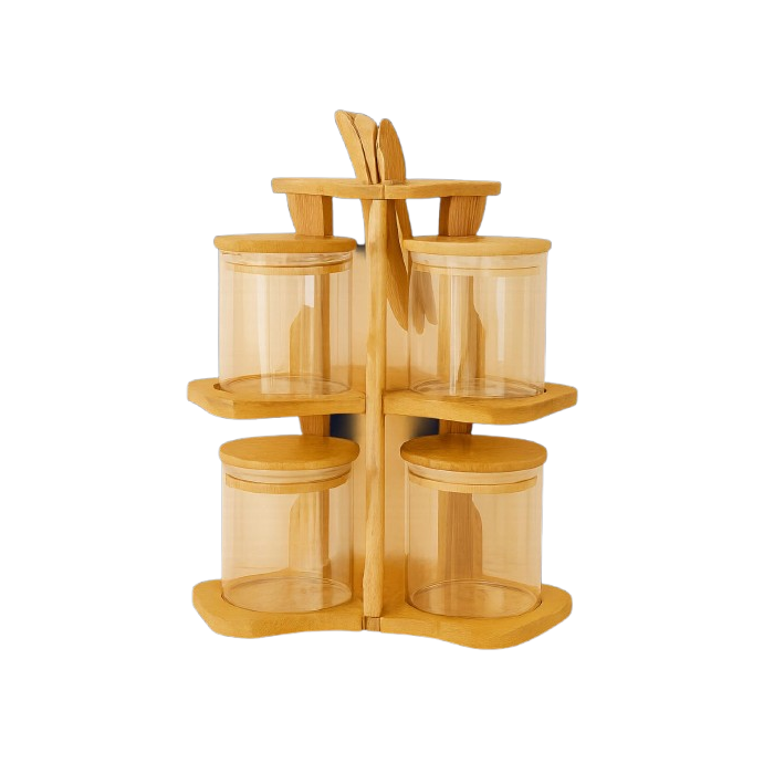 Modern Round Spice Rack Stand with 4 Glass Jars