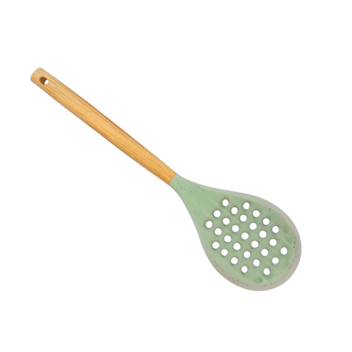 ملعقة سيليكون مشقوقة بمقبض خشبي