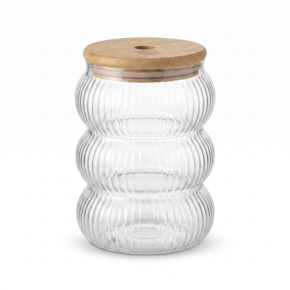 Ribbed Stacked Glass Storage Jar with Bamboo Lid