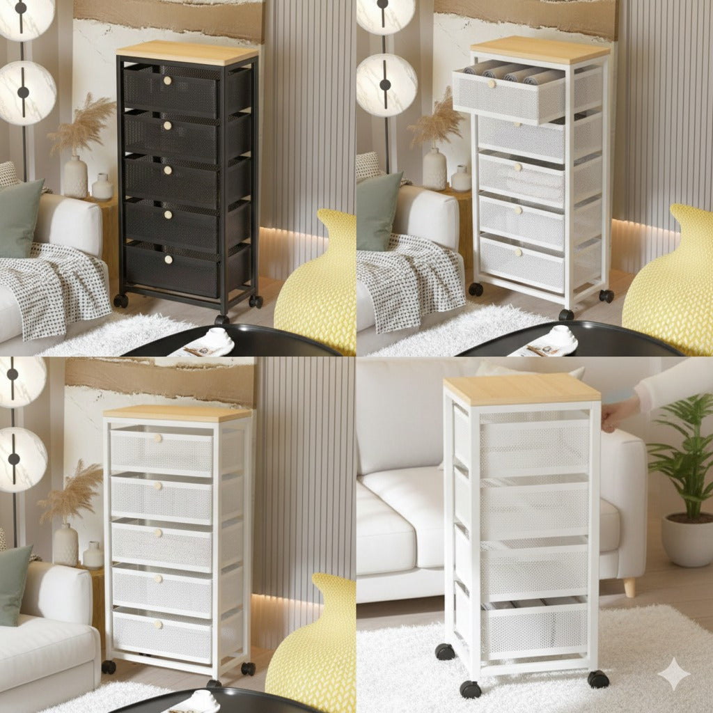 Rolling Storage Cabinet with 5 Drawers – White & Black