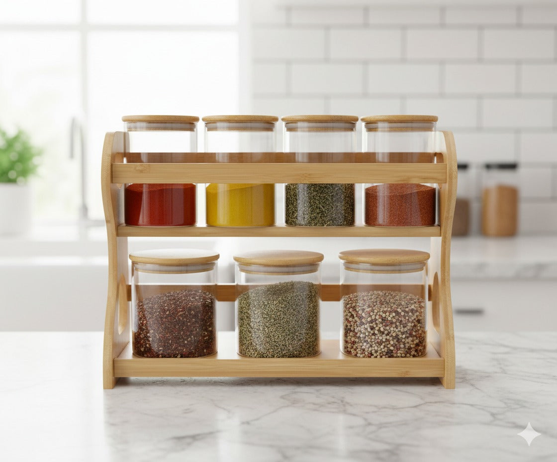 Bamboo Spice Rack Set with Glass Jars – 8-Piece Kitchen Organizer
